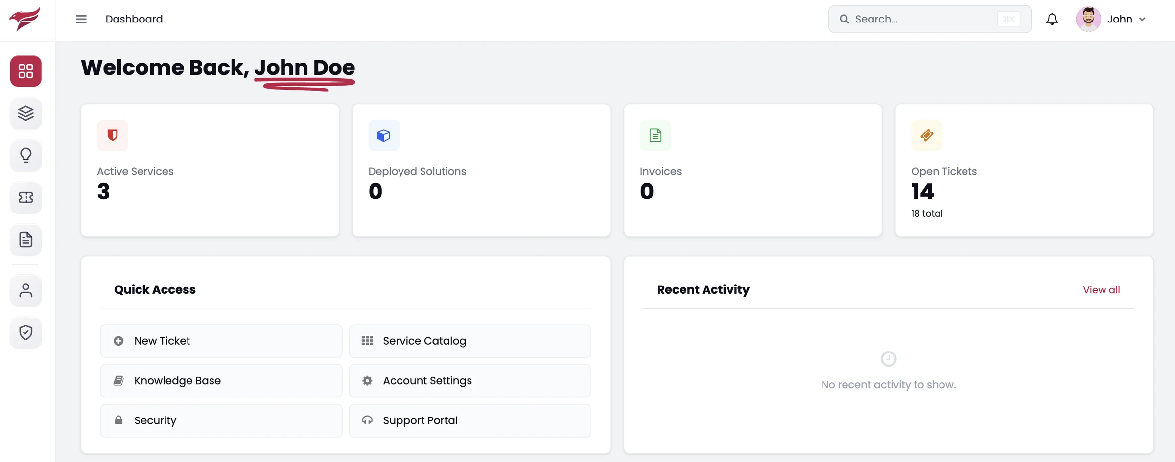 The My Willsec customer portal dashboard, showing active services, deployed solutions, invoices and open tickets.